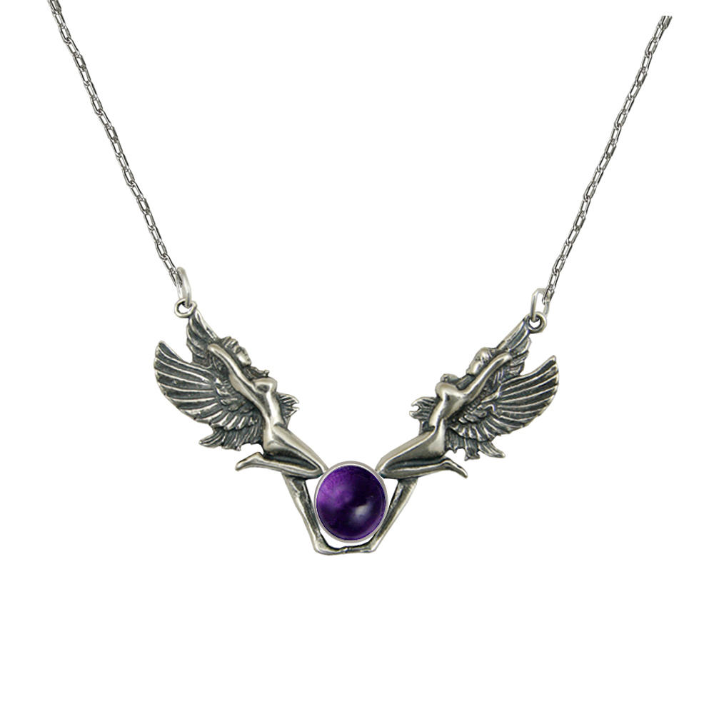 Sterling Silver Double Fairies Necklace With Amethyst